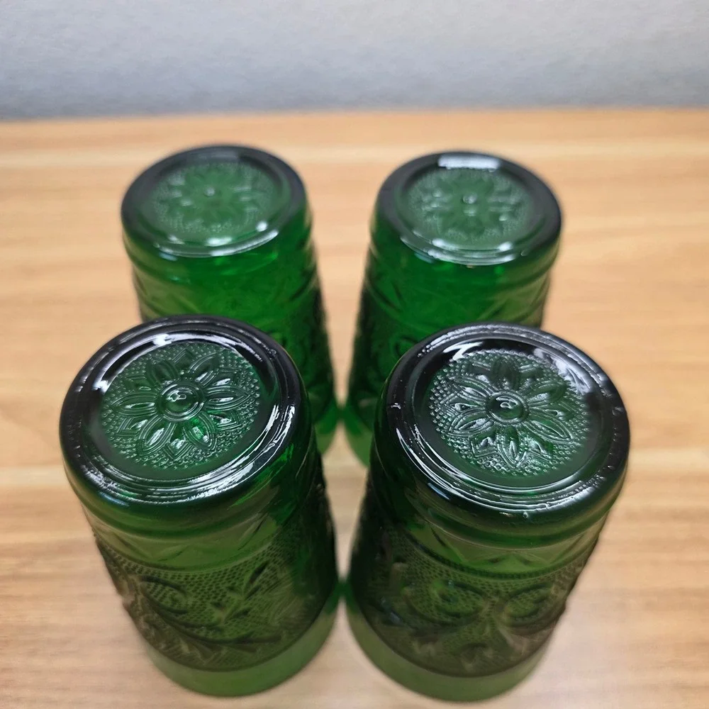 4 Vtg Anchor Hocking Forest Green Sandwich Glass Flat Juice Tumblers 3.5